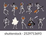 Halloween dancing characters with pumpkins. Cartoon funny holiday skeletons, ghosts and witches, spooky party mascots, scary decorative isolated dead mascots for cards, tidy vector set