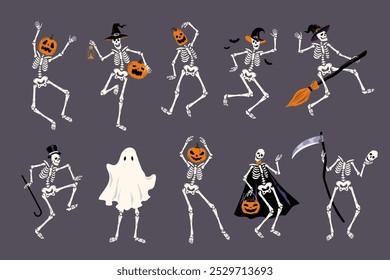 Halloween dancing characters with pumpkins. Cartoon funny holiday skeletons, ghosts and witches, spooky party mascots, scary decorative isolated dead mascots for cards, tidy vector set