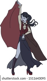 Halloween. Dancing monster. Woman vampire in a raincoat. Vector, transparent background.