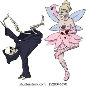 Halloween dancing monsters. Death dances break dance and tooth fairy.