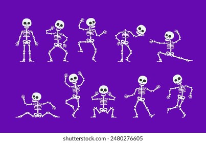 Halloween dancing skeleton characters. Vector funny energetic personages with animated joints, joyfully move to rhythmic beats, bony frames gracefully twist and turn, creating lively dance spectacle