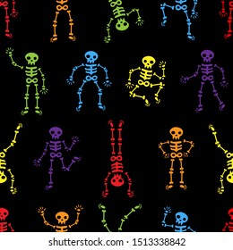 Halloween dancing skeletons seamless pattern. Funny colored skeletons on the black background. Skeletons dancing at a party. Human skeletons in various poses. Happy Halloween