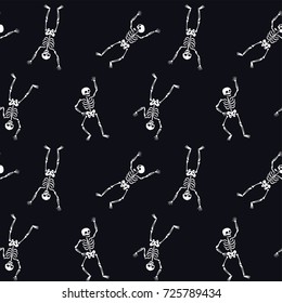 Halloween dancing skeletons seamless pattern. Funny white skeletons on the black background.