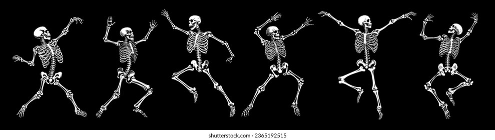 Halloween dancing spooky skeletons in halftone pattern, different funny poses. Human bones as ballerina in dotted texture. Vector illustration in grungy festival style.