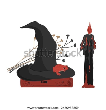 Halloween Dark Aesthetic Composition with a Witch Hat, red Frog and spooky black melting candle. Vector Autumn illustration.