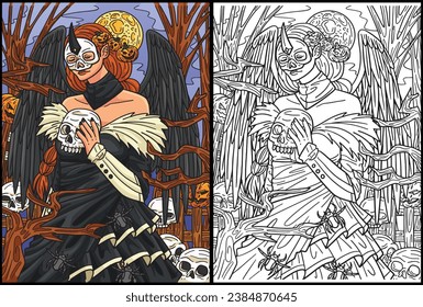 Halloween Dark Angel Coloring Page Colored Illustration