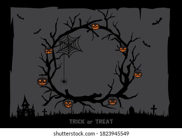 Halloween dark background with branch wreath and lantern pumpkins
