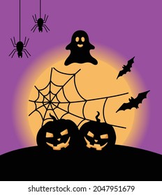 Halloween dark background card with a ghost and pumpkins