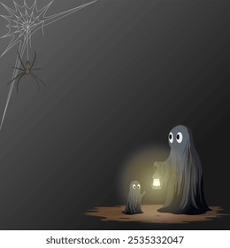 Halloween dark background for cards, banners, and posters. Ghost holding lantern with cute little ghost beside it. Spider and web in corner. Spooky, cute design for kids' events, holiday invitations.