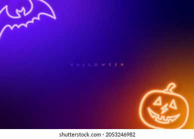 Halloween dark background. Evil bat and pumpkin in neon style. Night bright signboard. Stock vector illustration.