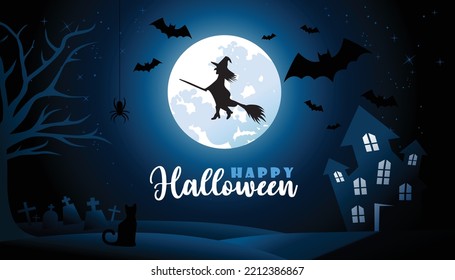 Halloween Dark Background - Happy halloween day Banner. Night scene witches on a broomstick