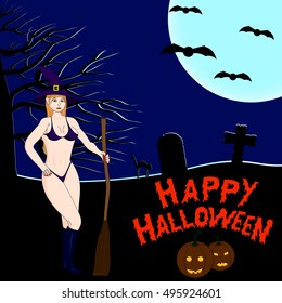 Halloween dark background. Sexy witch. Tombstones in the cemetery in the night sky and a full moon. Jack-o-Lantern.
