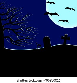 Halloween dark background. Tombstones in the cemetery in the night sky and a full moon.