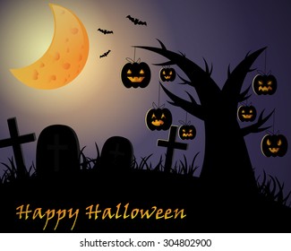Halloween dark background with tree full of pumpkins