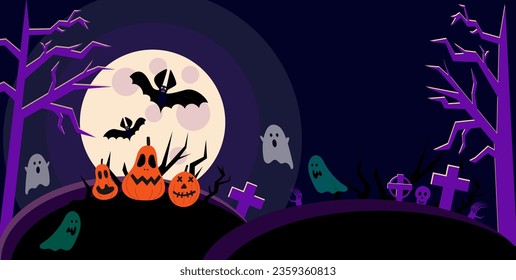 Halloween dark banner with Orange Pumpkins, ghosts, bats and graveyard. Vector Flat Illustration. Full Moon Night in Spooky Forest. 