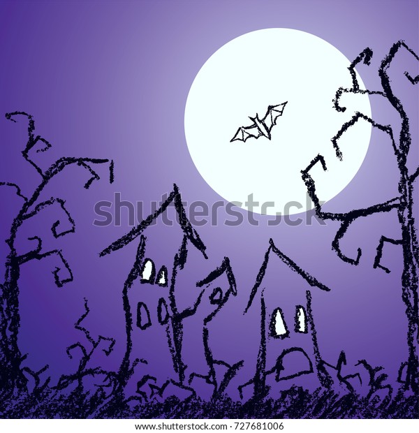 Halloween dark blue\
background with spooky naked trees, moon, bat and old house.\
Crayon, chalk pastel or pencil hand drawn simply grunge horror\
vector illustration.