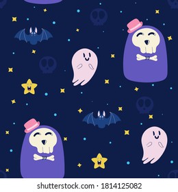 Halloween dunkelblaues, nahtloses Muster mit Doodle Fledermaus, Geist und Sternen. Einfache und flache Nacht, dunkler Hintergrund für Halloween-Dekor, Verpackung, Geschenkbox, Stoffmuster, Einladung und Grußkarten.