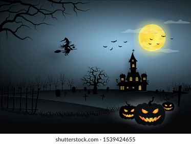 Halloween dark blue template in night sky view with tree, tombstone, witch, pumpkin, bats, house, castle, full moon and ghost. vector illustrator design in paper cut concept.