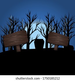 Halloween dark blue three moon light vector illustration, banner flyer concept squere, happy holiday dark pumpkins background , wood table text template