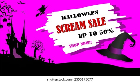 Halloween dark castle  background, illustration. witch hat witch riding a broom, For advertising, banners, discounts, add text, Halloweens sale banner