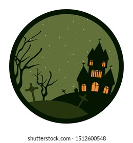 halloween dark castle and cemetery scene vector illustration design