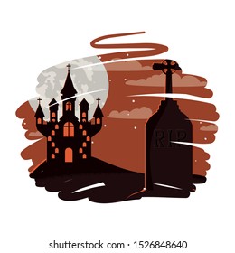 halloween dark castle in cemetery scene icon vector illustration design
