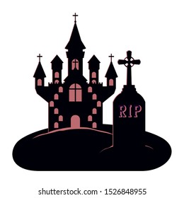 halloween dark castle in cemetery scene icon vector illustration design