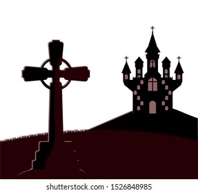 halloween dark castle in cemetery scene icon vector illustration design