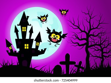 Halloween with dark castle and cute bats on blue Moon background.vector illustration.
