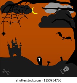 Halloween dark castle with flying bat on midnight background copyspace. illustration.Cobweb with spider on tree and coffin with a cross on the floor.Skulls are underground.