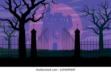 halloween dark castle and gate scene