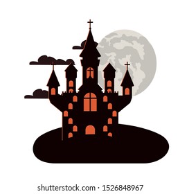halloween dark castle with moon night scene icon vector illustration design