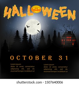 Halloween dark castle on a background of the full moon, illustration for a poster, invitation, greeting card.