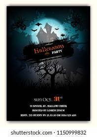 Halloween and dark castle on black Moon background, illustration.