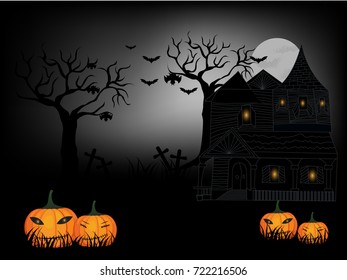 Halloween and dark castle on black Moon background, illustration.