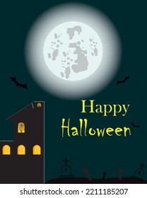 Halloween dark castle on blue Moon background, vector illustration.