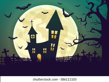 Halloween dark castle on Moon background, illustration.