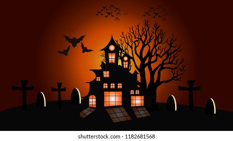 Halloween dark castle on a yellow moon and tree background, vector illustration