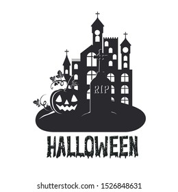 halloween dark castle with pumpkin scene icon vector illustration design