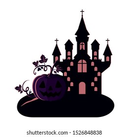 halloween dark castle with pumpkin scene icon vector illustration design