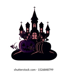 halloween dark castle with pumpkins scene icon vector illustration design