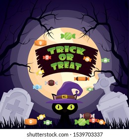 halloween dark cemetery scene with cat vector illustration design