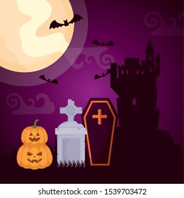 halloween dark cemetery scene with coffin vector illustration design