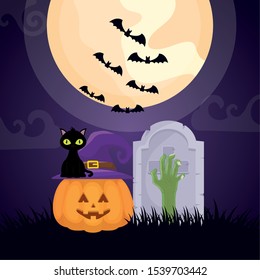 halloween dark cemetery scene with pumpkin vector illustration design