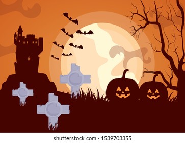 halloween dark cemetery scene with pumpkins vector illustration design