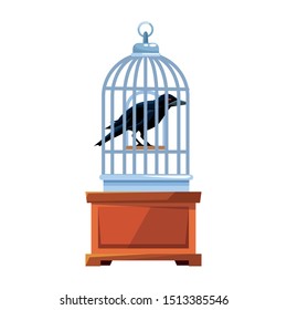 halloween dark crow bird with cage vector illustration design