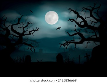 Halloween dunkler Waldhintergrund mit gruseliger Friedhofslandschaft des Nachthimmel-Fantasiewaldes im Mondlicht.