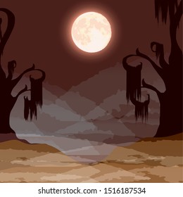 halloween dark forest scene with full moon vector illustration design