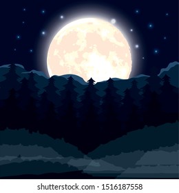 halloween dark forest scene with full moon vector illustration design