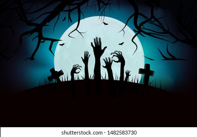 Halloween dark graveyard with zombie hands background